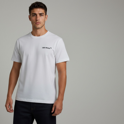 White Off-White crew-neck t-shirt with small chest logo and neon arrow graphic on back