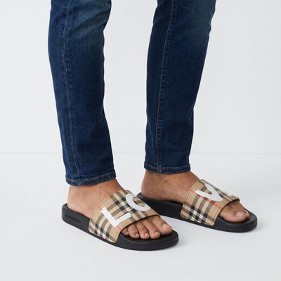Burberry beige check logo slides with black molded footbed