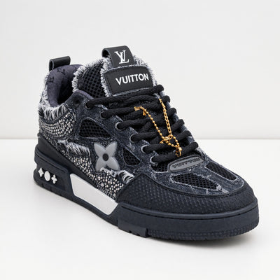black Louis Vuitton embellished trainer with crystals and frayed trim