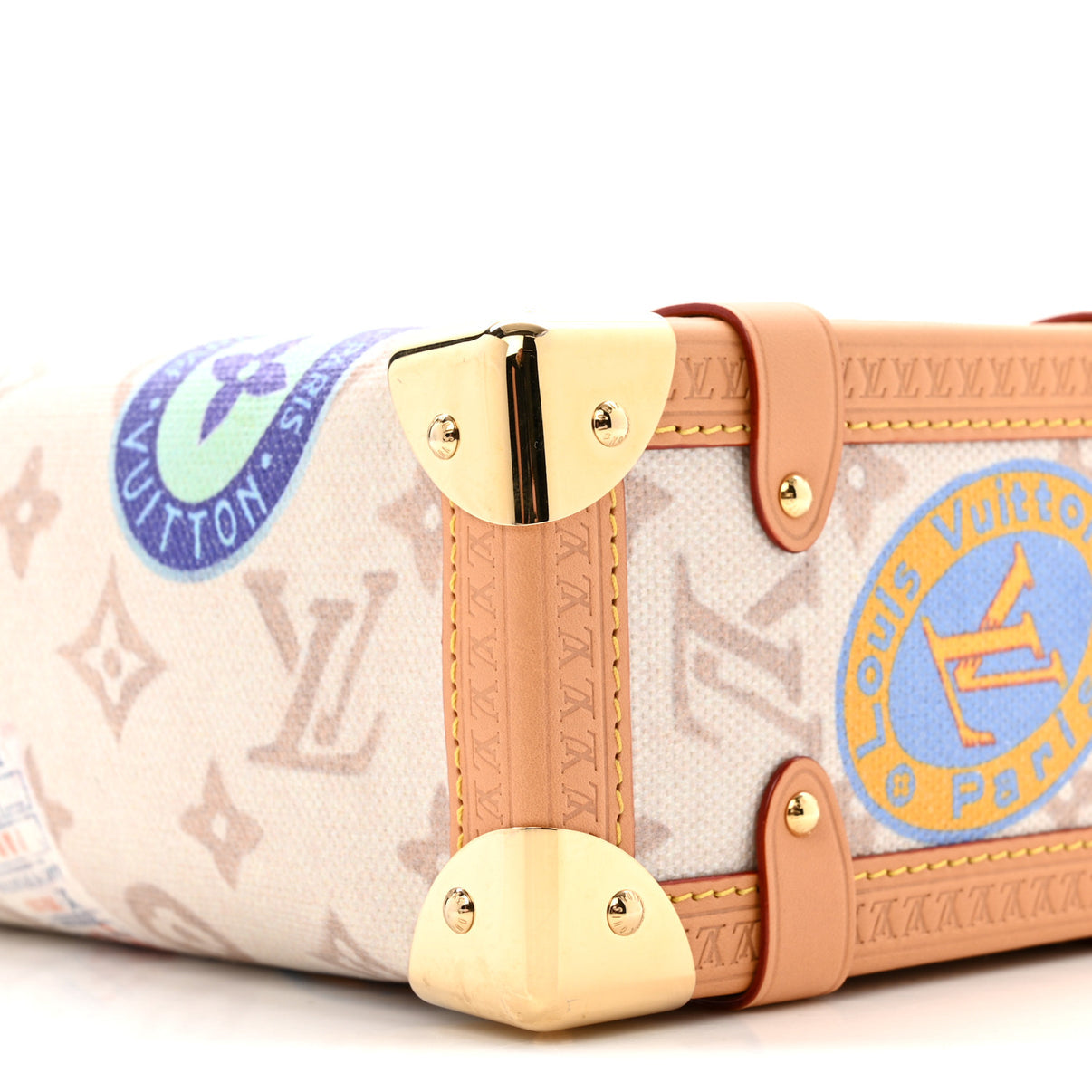 Louis Vuitton Petite Malle trunk-style shoulder bag with multicolour travel sticker monogram and tan leather trim