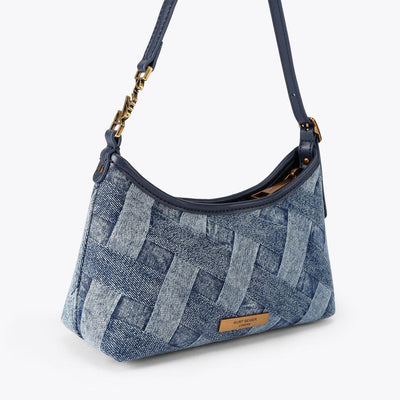 Kurt Geiger denim weave shoulder bag with navy trim and gold hardware