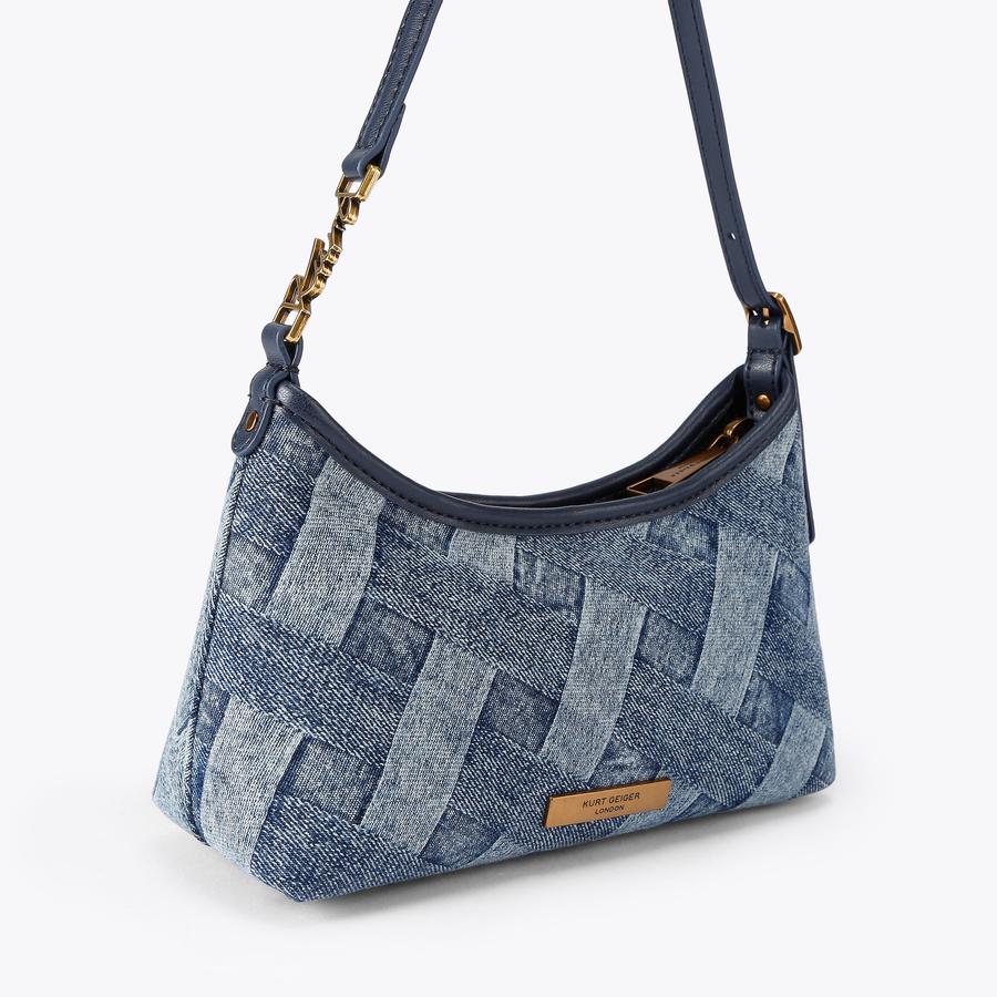 Kurt Geiger denim weave shoulder bag with navy trim and gold hardware
