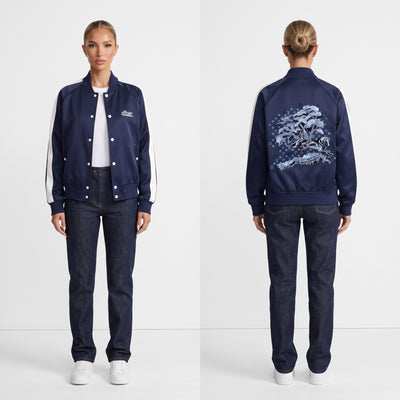 Louis Vuitton navy bomber jacket with embroidered back and white contrast panels
