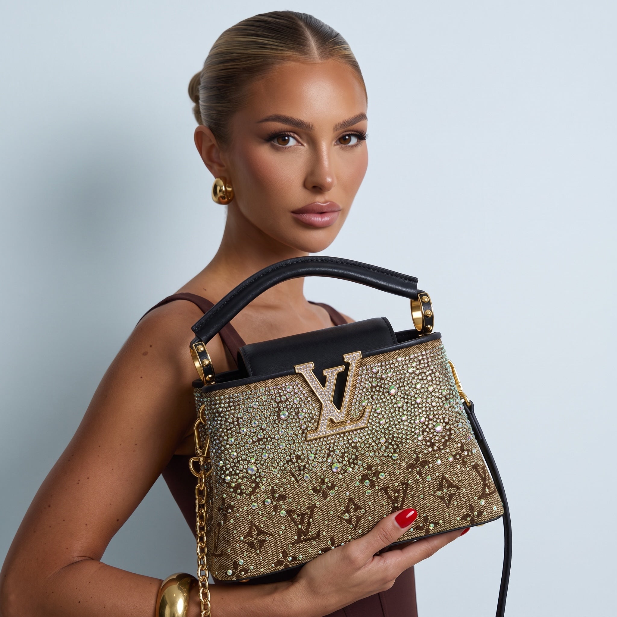 Louis Vuitton brown monogram top-handle bag with crystal studs and gold LV logo