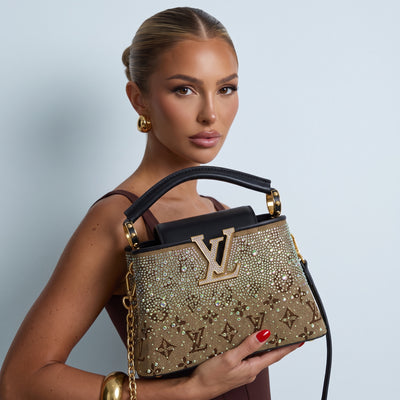 Louis Vuitton brown monogram top-handle bag with crystal studs and gold LV logo