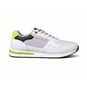 Lee Cooper white sneaker with neon green and black accents shown from side, top, back and sole