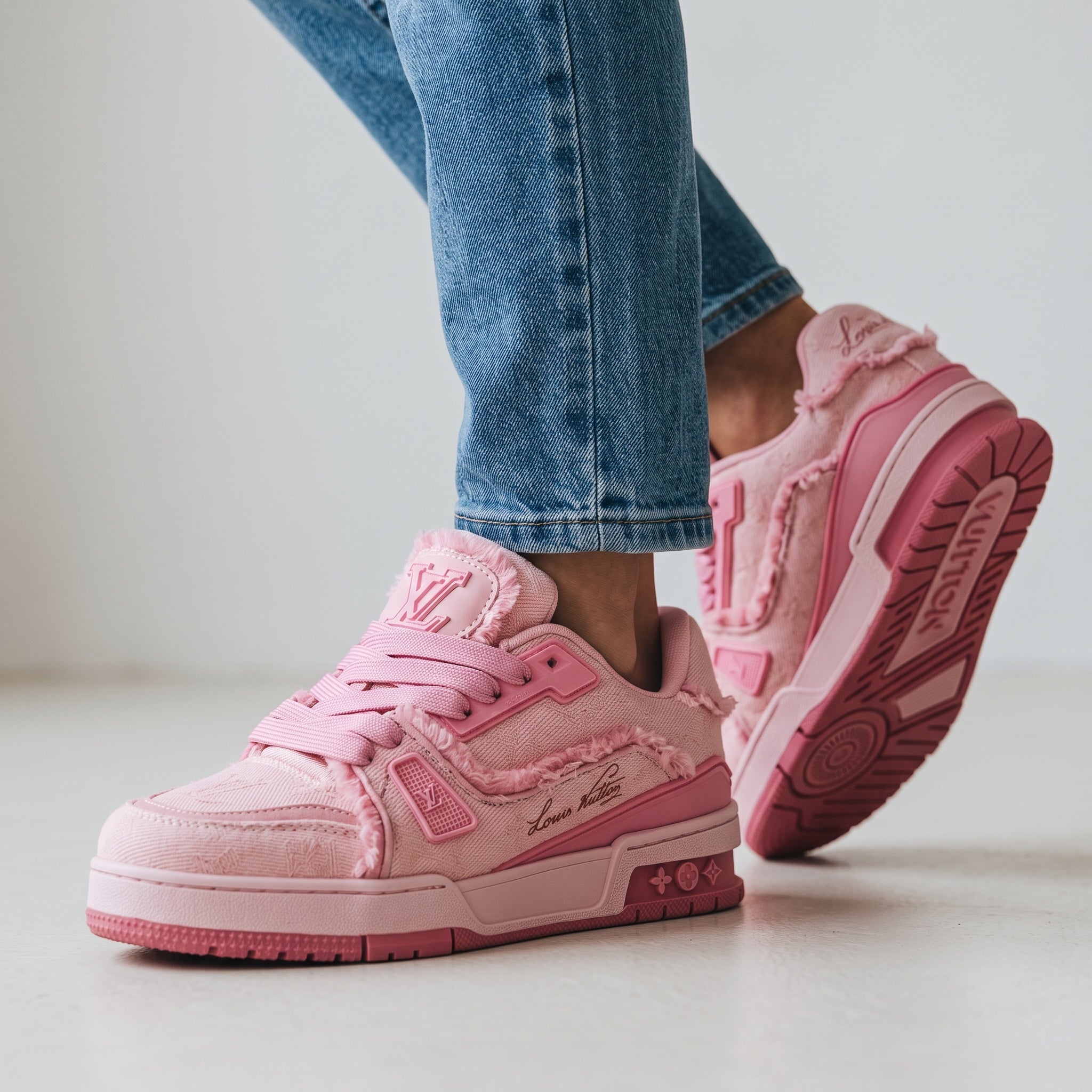 pink Louis Vuitton low-top trainers with frayed trim and LV logo