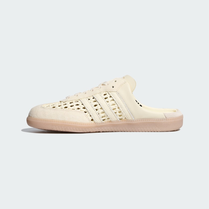 Cream Adidas Samba mule with woven upper and gum sole, backless slip-on style