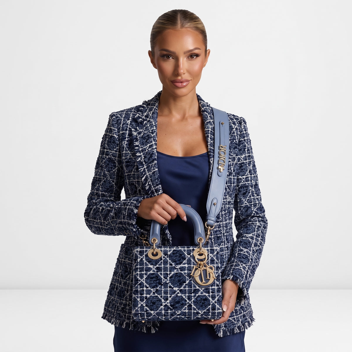 Dior Lady D-Lite small blue tweed tote with rounded leather handles and gold Dior charms