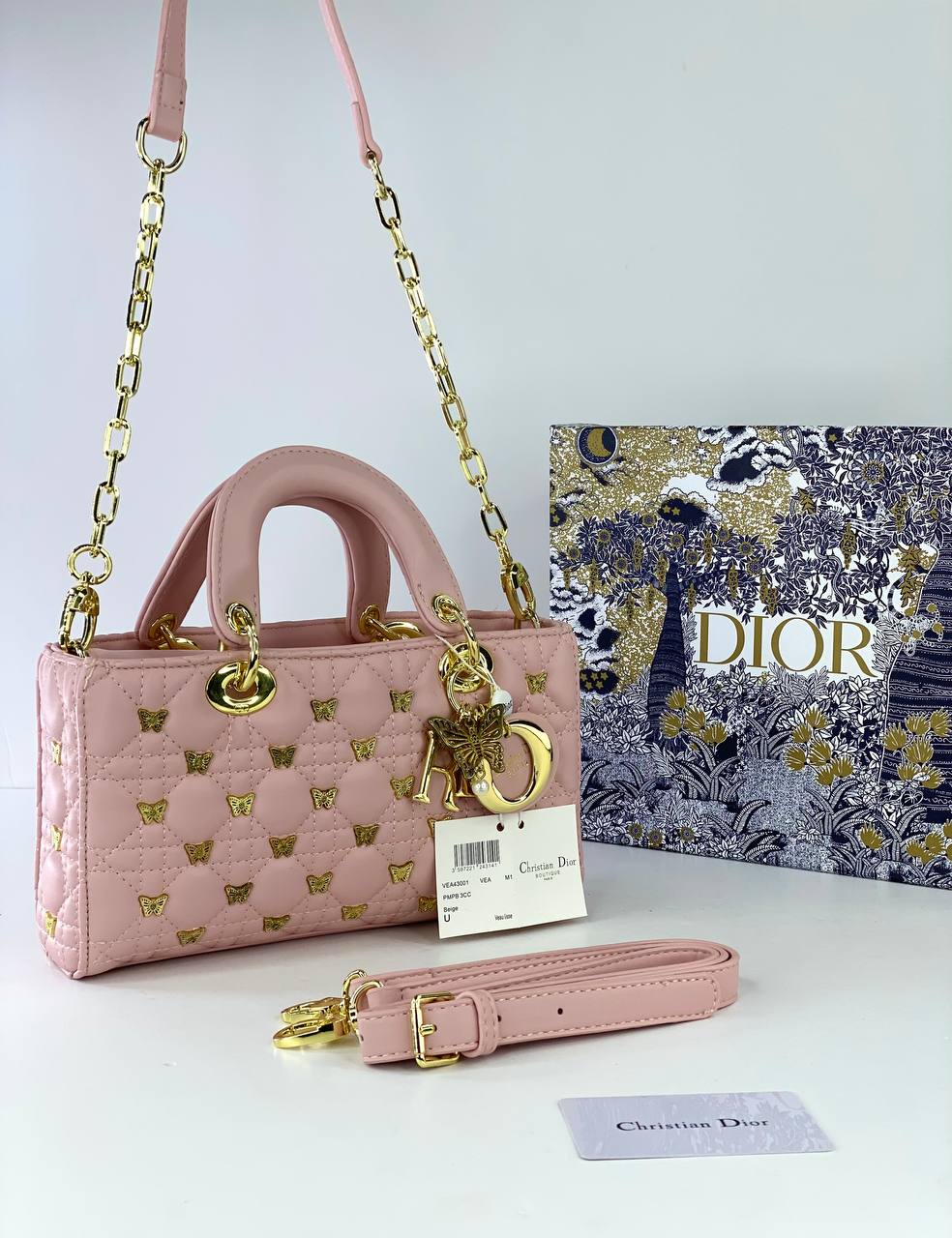 Dior Lady Dior Long Bag with Gold Butterfly Studs