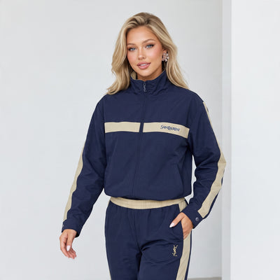 Saint Laurent navy and beige two-piece tracksuit with YSL logo