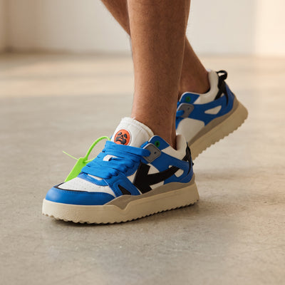 Off-White blue and white chunky sneakers with cream sole and neon zip tag