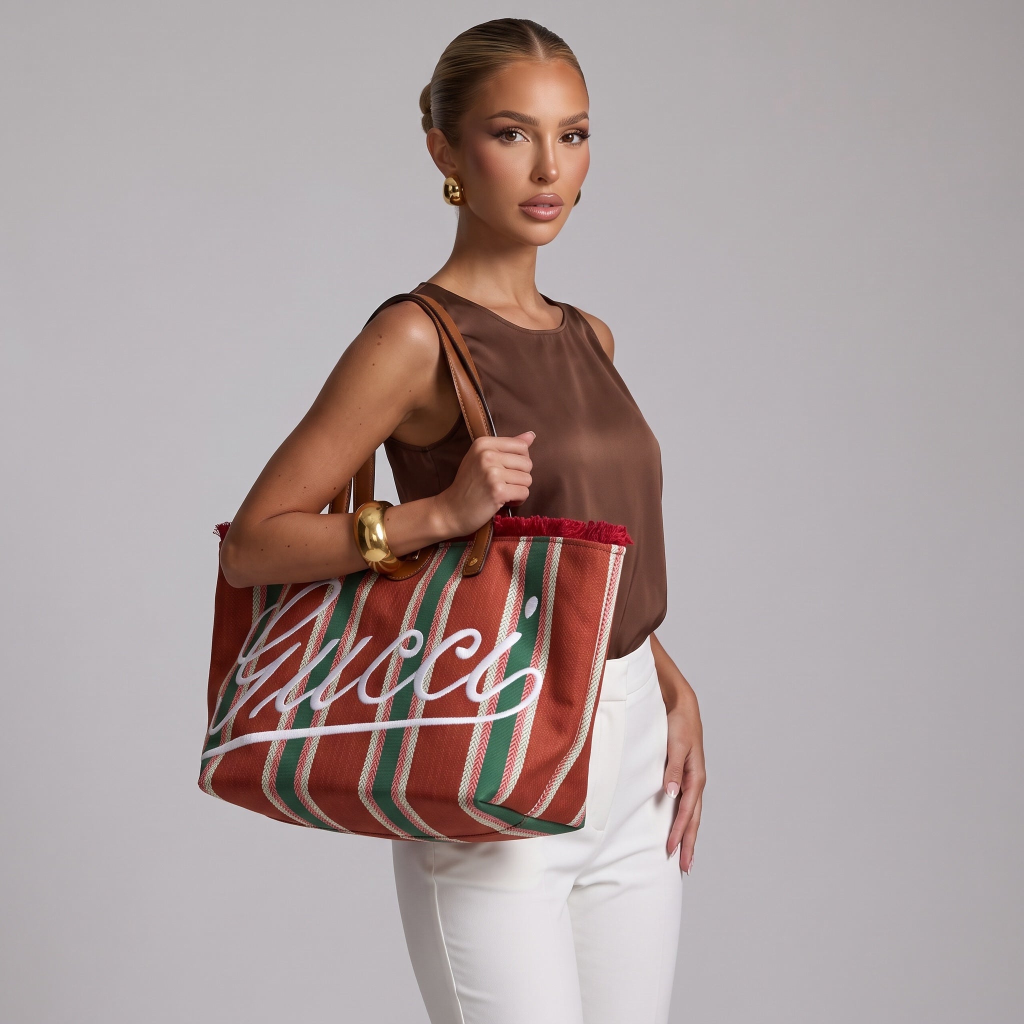 Gucci large orange and green striped tote bag with leather handles