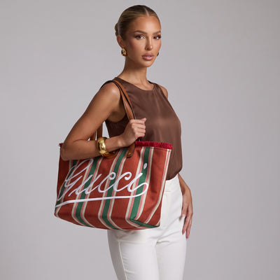 Gucci large orange and green striped tote bag with leather handles