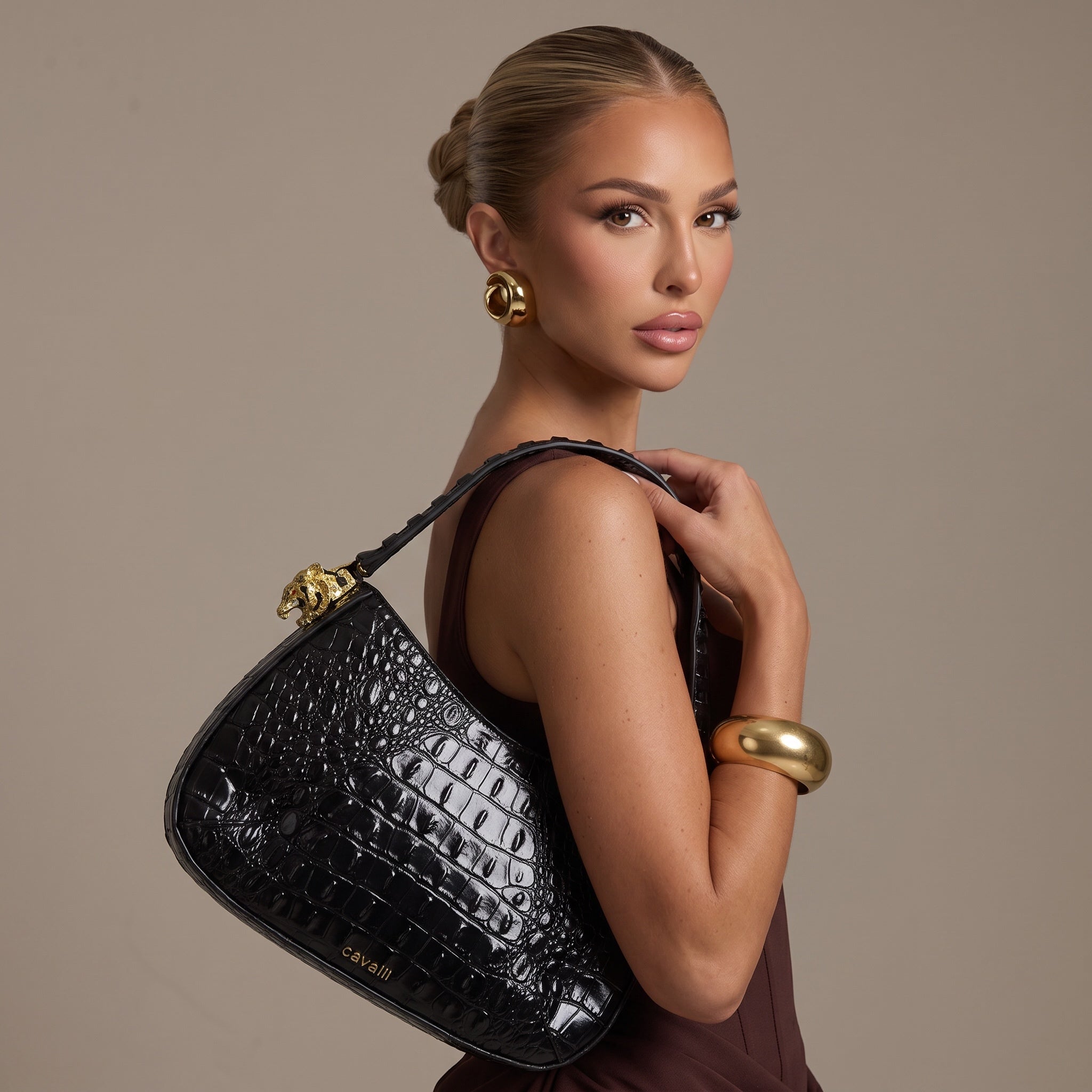 Black croc-effect Cavalli shoulder bag with gold animal-head hardware