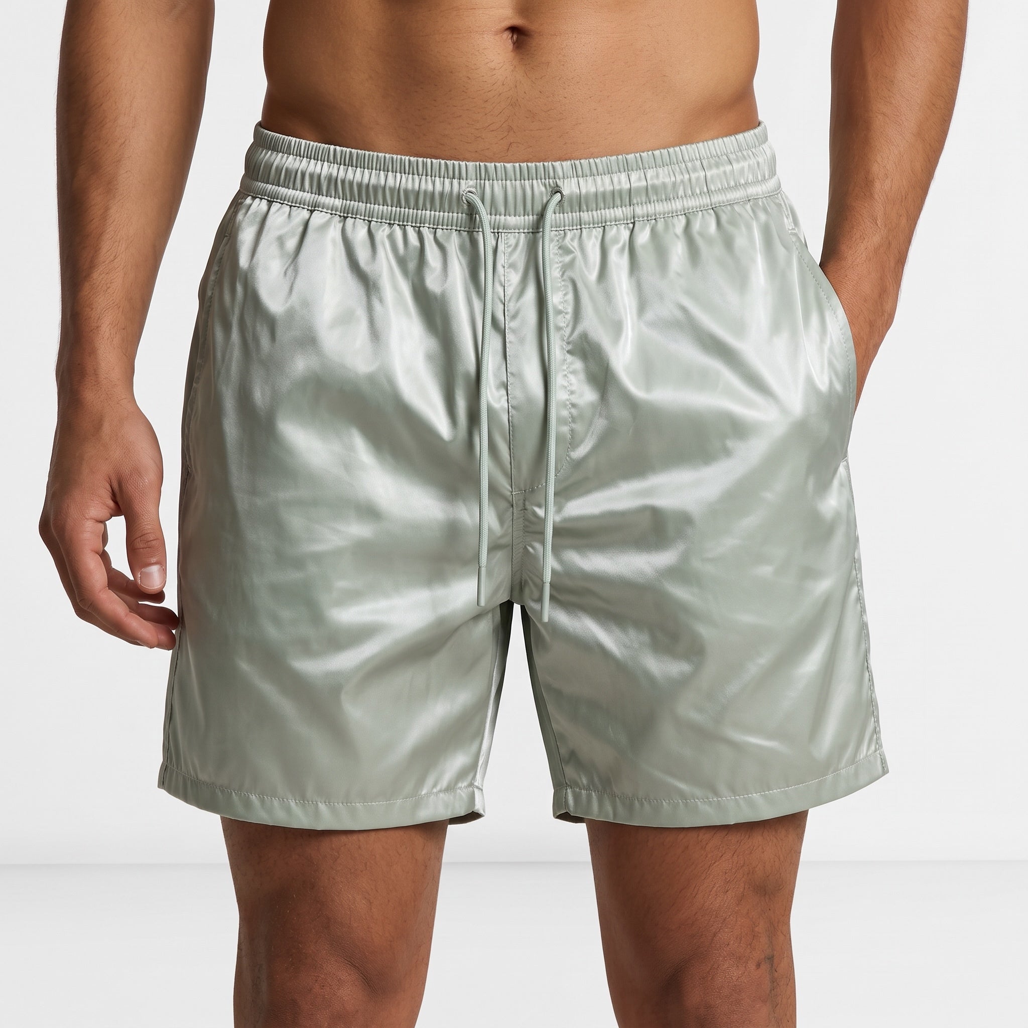 men's sage green swim shorts with elastic waist and drawcord