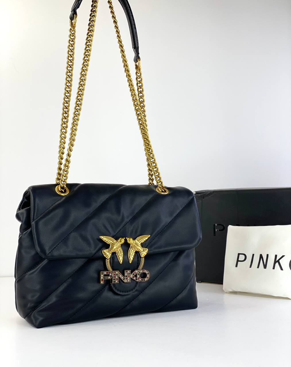 Pinko Quilted Black Love Bag with Gold Detailing