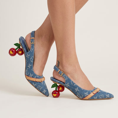 Louis Vuitton denim monogram slingback with cherry stacked heel