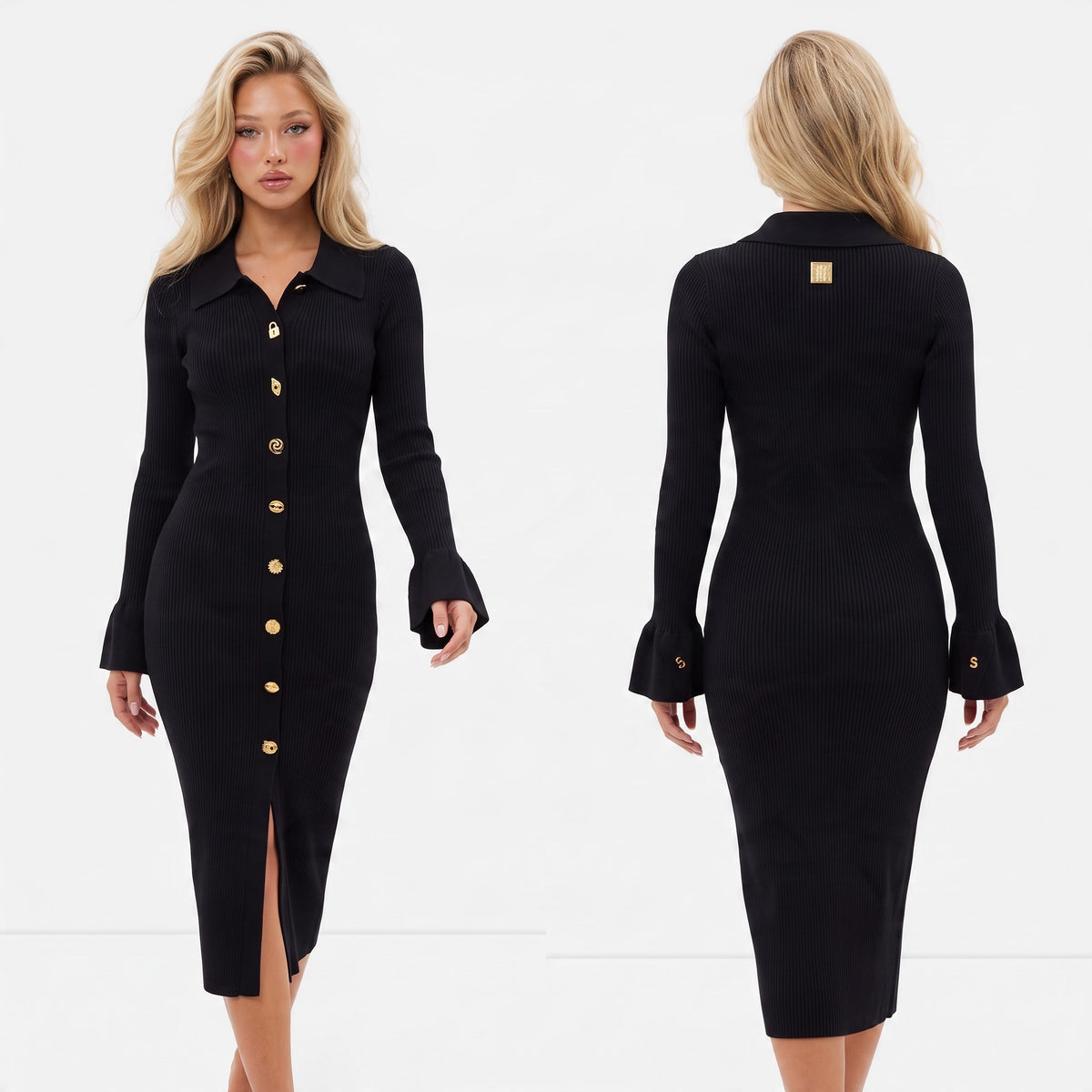 black ribbed button-front midi dress with gold buttons and small front slit
