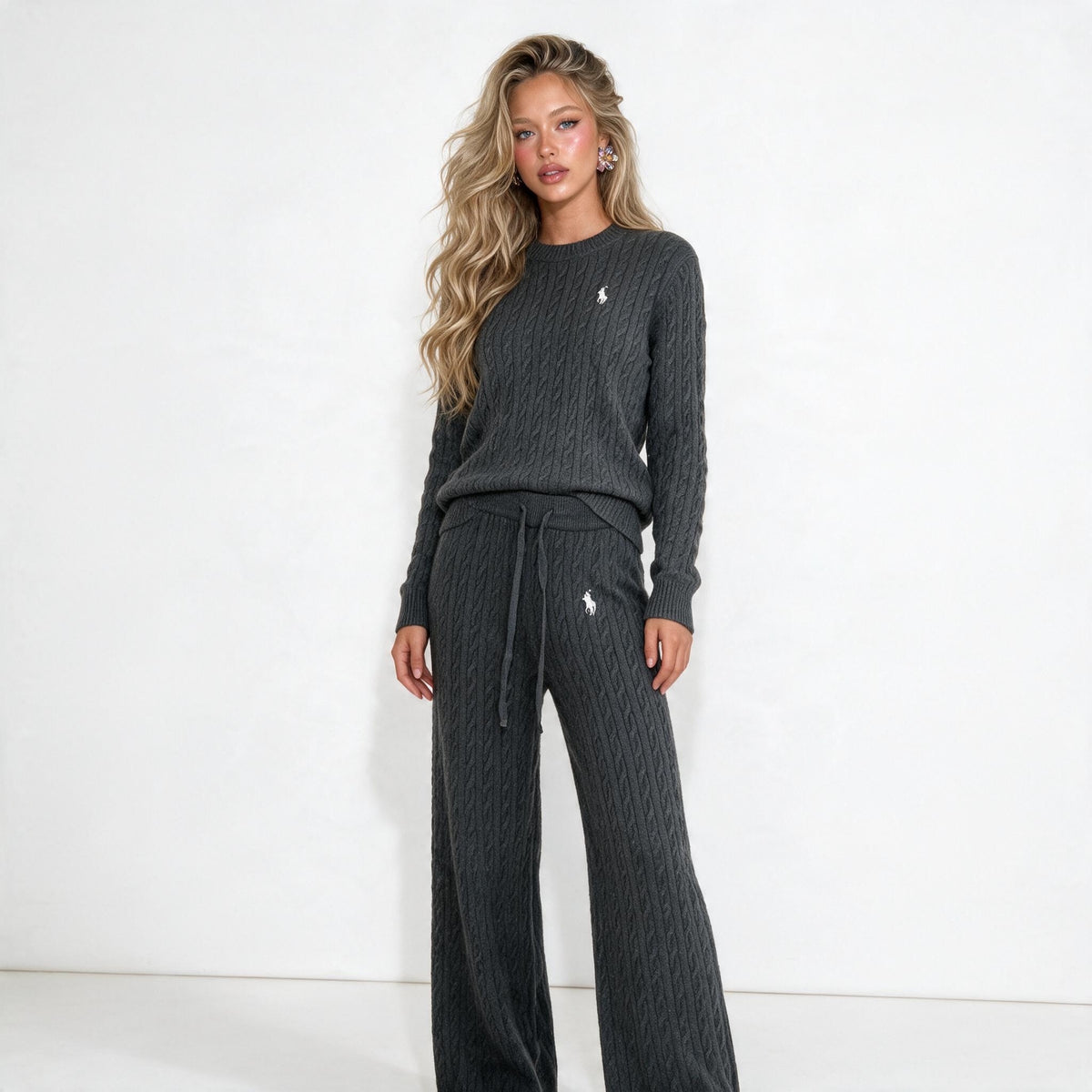 Charcoal cable knit sweater and matching drawstring pants set with Polo pony logo