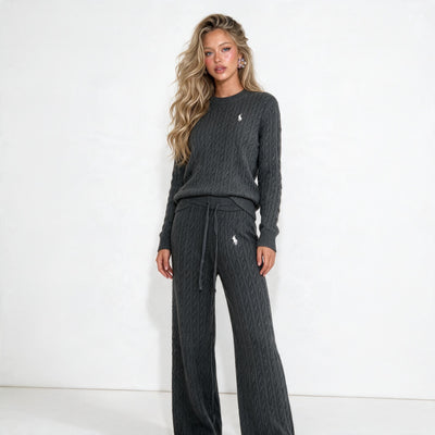 Charcoal cable knit sweater and matching drawstring pants set with Polo pony logo