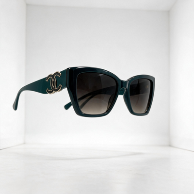 Chanel oversized square dark green sunglasses with gold double C logos and gradient lenses