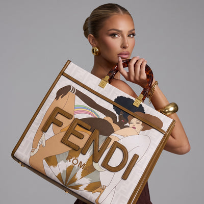 Fendi large printed tote with tortoiseshell handles and raised FENDI logo