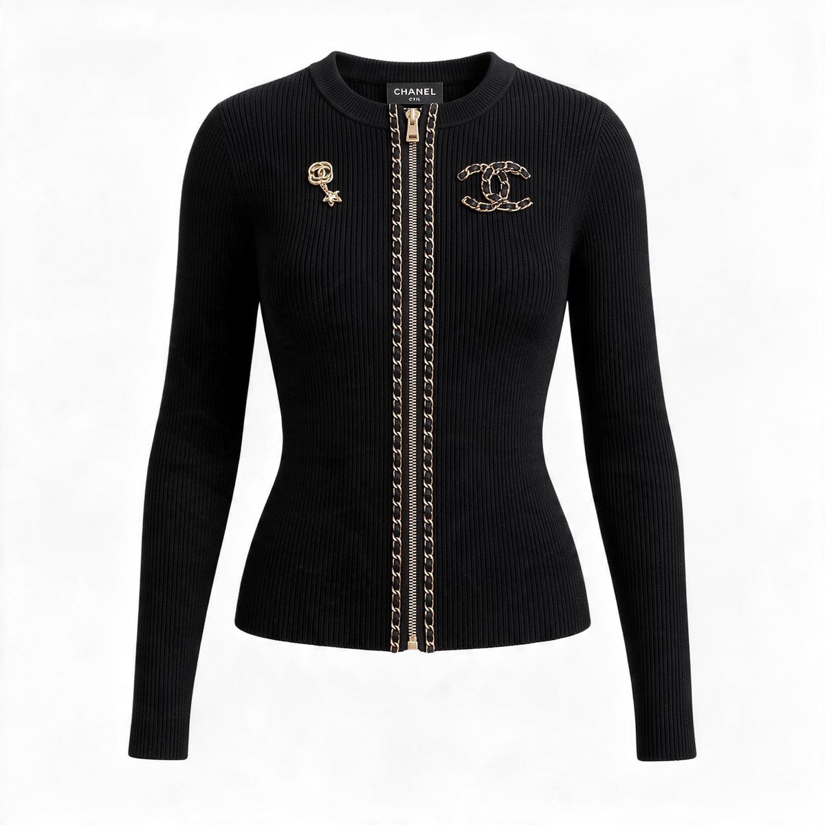 Black ribbed Chanel zip cardigan with gold chain trim and CC emblem