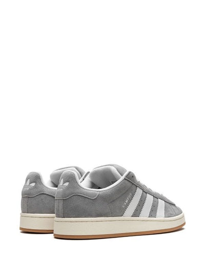 Adidas Campus low-top grey suede sneakers with white 3‑Stripes and gum sole