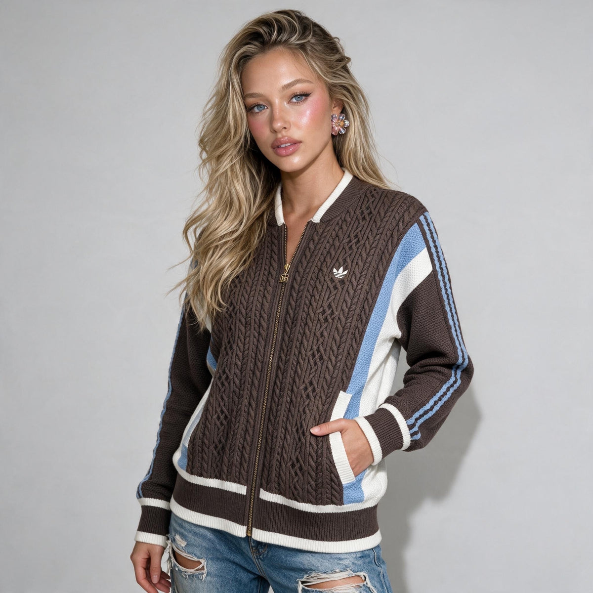 Adidas Knit Bomber – Brown & Sky Blue - MASTERPIECE