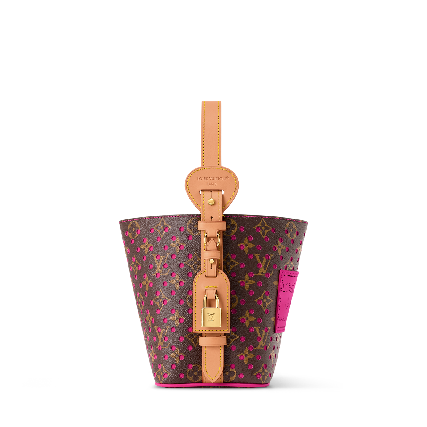 Louis Vuitton brown monogram bucket bag with pink perforations and natural leather handle