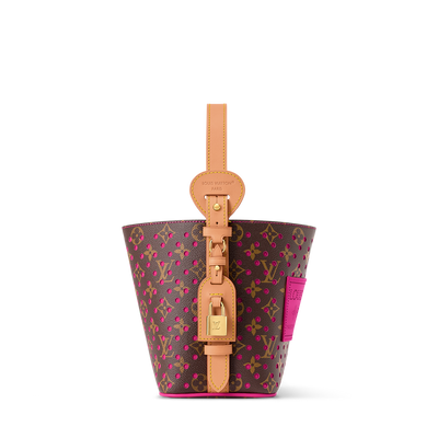 Louis Vuitton brown monogram bucket bag with pink perforations and natural leather handle