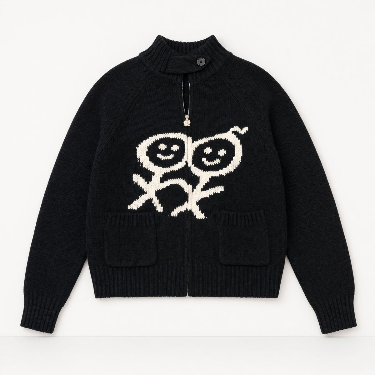 black knit zip cardigan with cream smiley graphic and ribbed hem