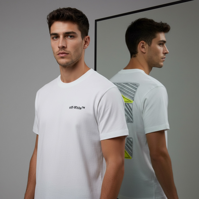 White Off-White crew-neck t-shirt with small chest logo and neon arrow graphic on back