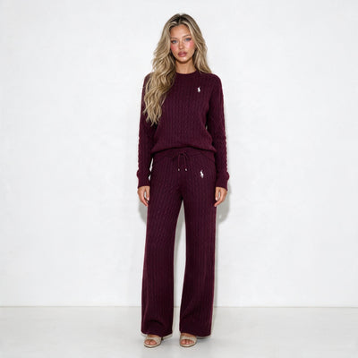 Ralph Lauren burgundy cable knit sweater and matching drawstring trousers with embroidered pony logo