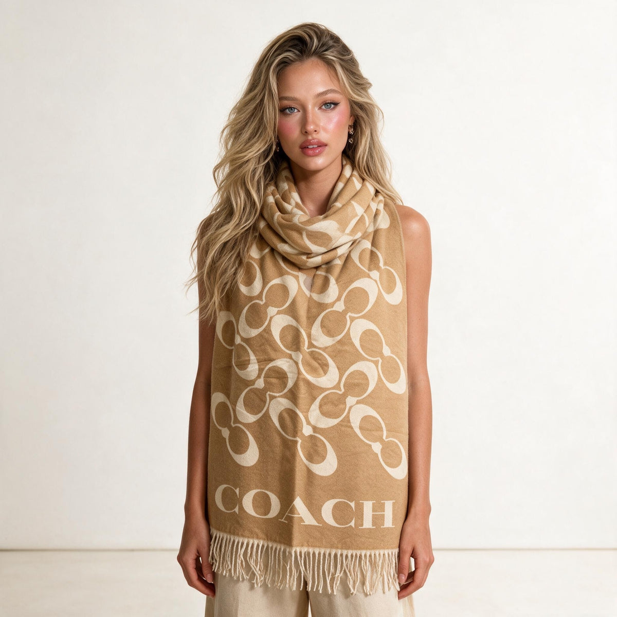 Tan Coach scarf with cream repeating logo and fringed ends