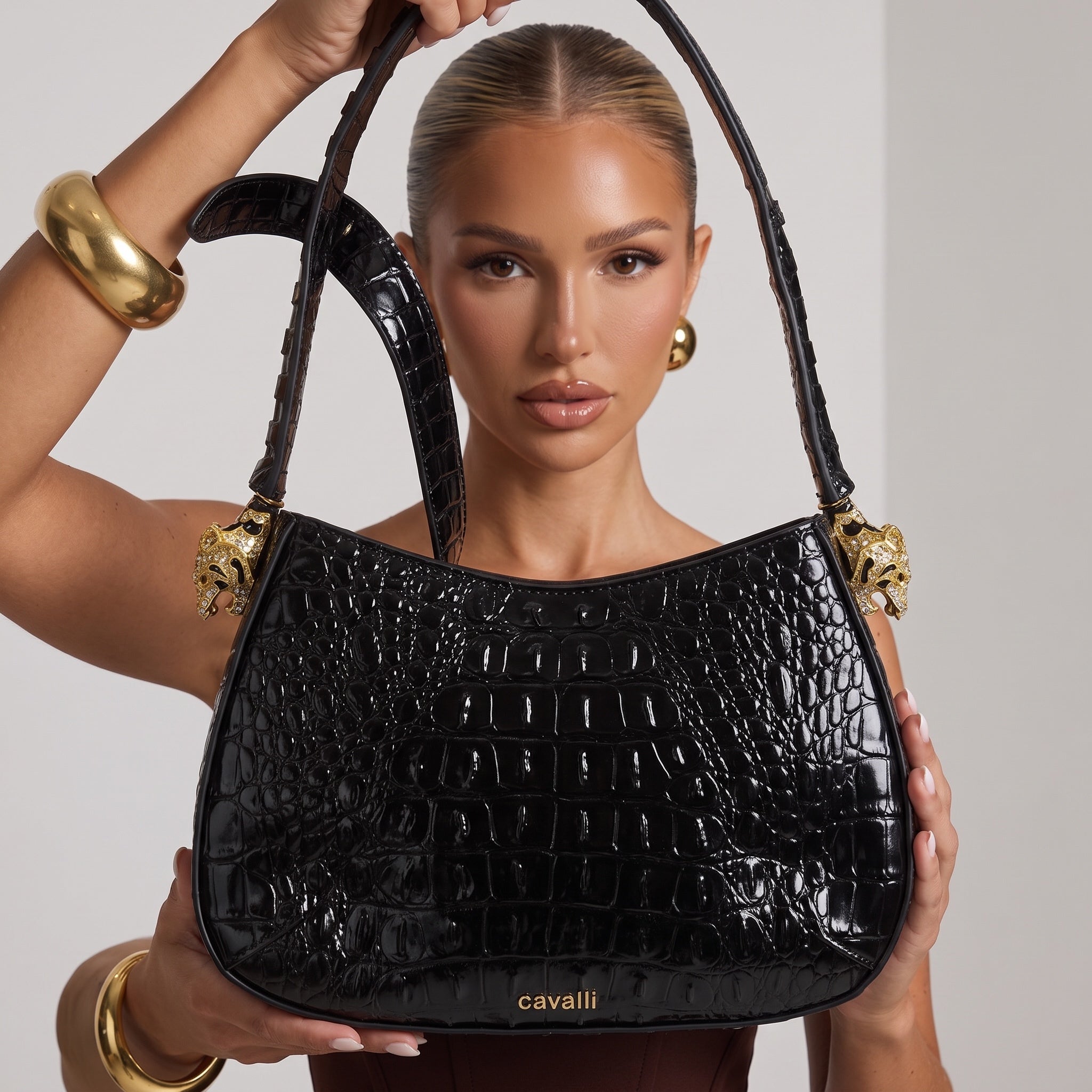 Black croc-effect Cavalli shoulder bag with gold animal-head hardware