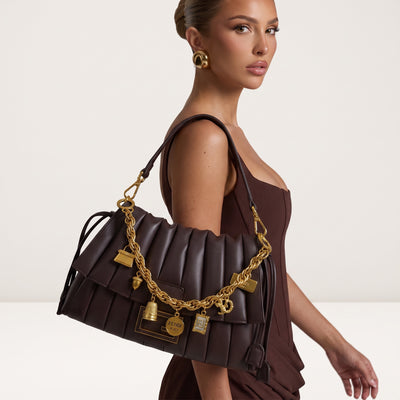 Brown pleated Fendi shoulder bag with gold charm chain
