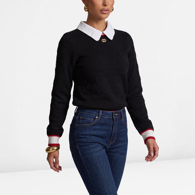 Black Gucci sweater with white Peter Pan collar, gold double G button and red/white ribbed hem
