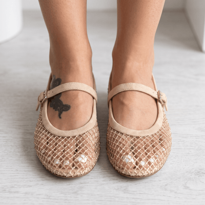 ✨ Alaïa Mesh Mary Jane Ballet Flats – Gold Beige - MASTERPIECE