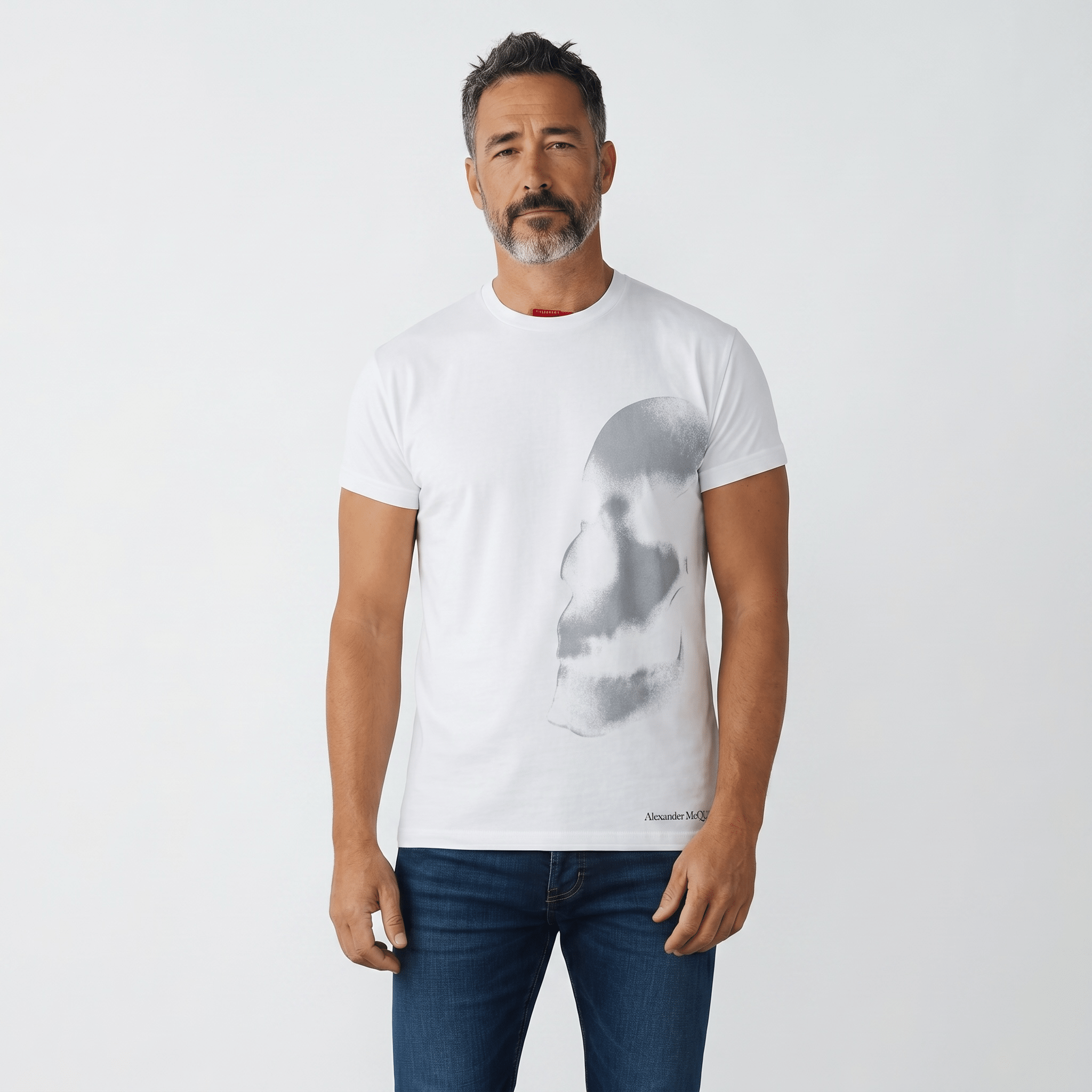 Alexander McQueen White Fade Skull T-Shirt – Minimal Side Graphic 💀 - MASTERPIECE