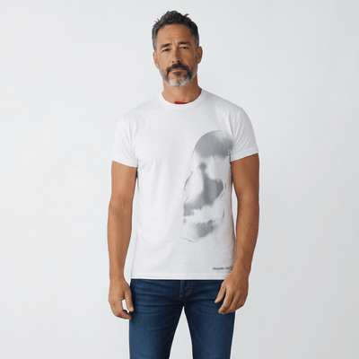 Alexander McQueen White Fade Skull T-Shirt – Minimal Side Graphic 💀 - MASTERPIECE