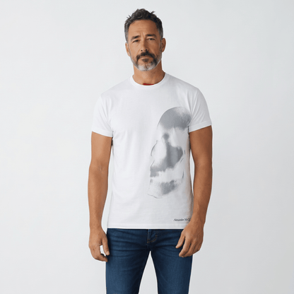 Alexander McQueen White Fade Skull T-Shirt – Minimal Side Graphic 💀 - MASTERPIECE