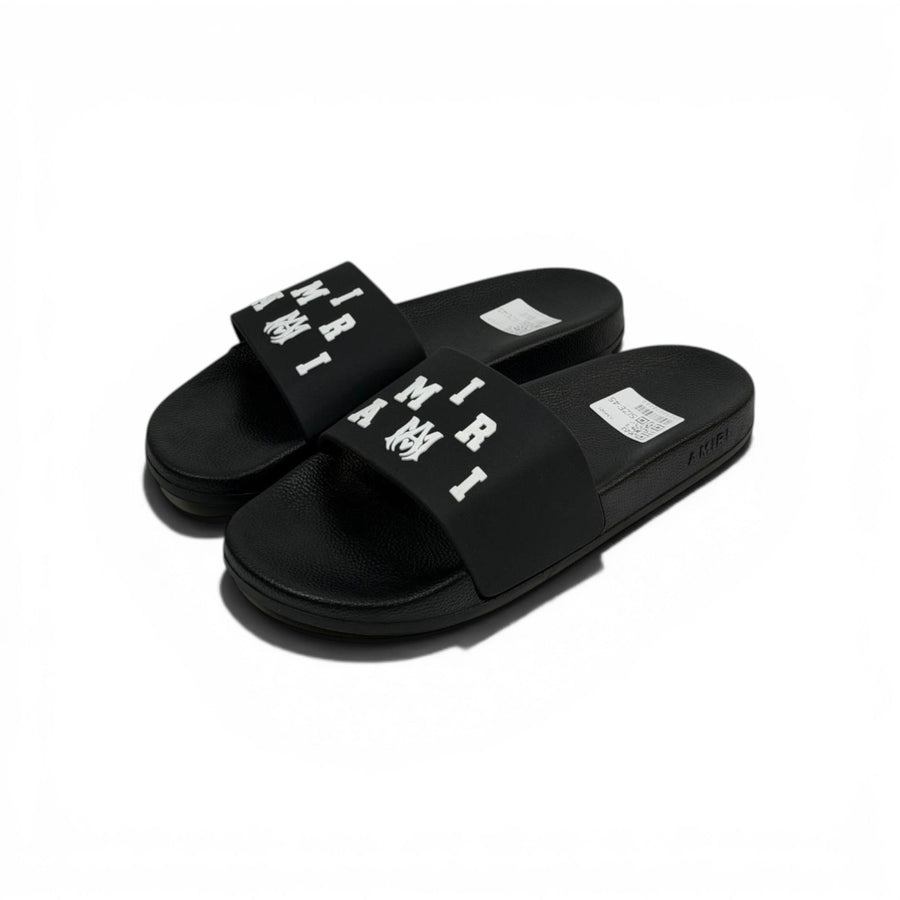 Amiri Black Logo Slide Sandals — White