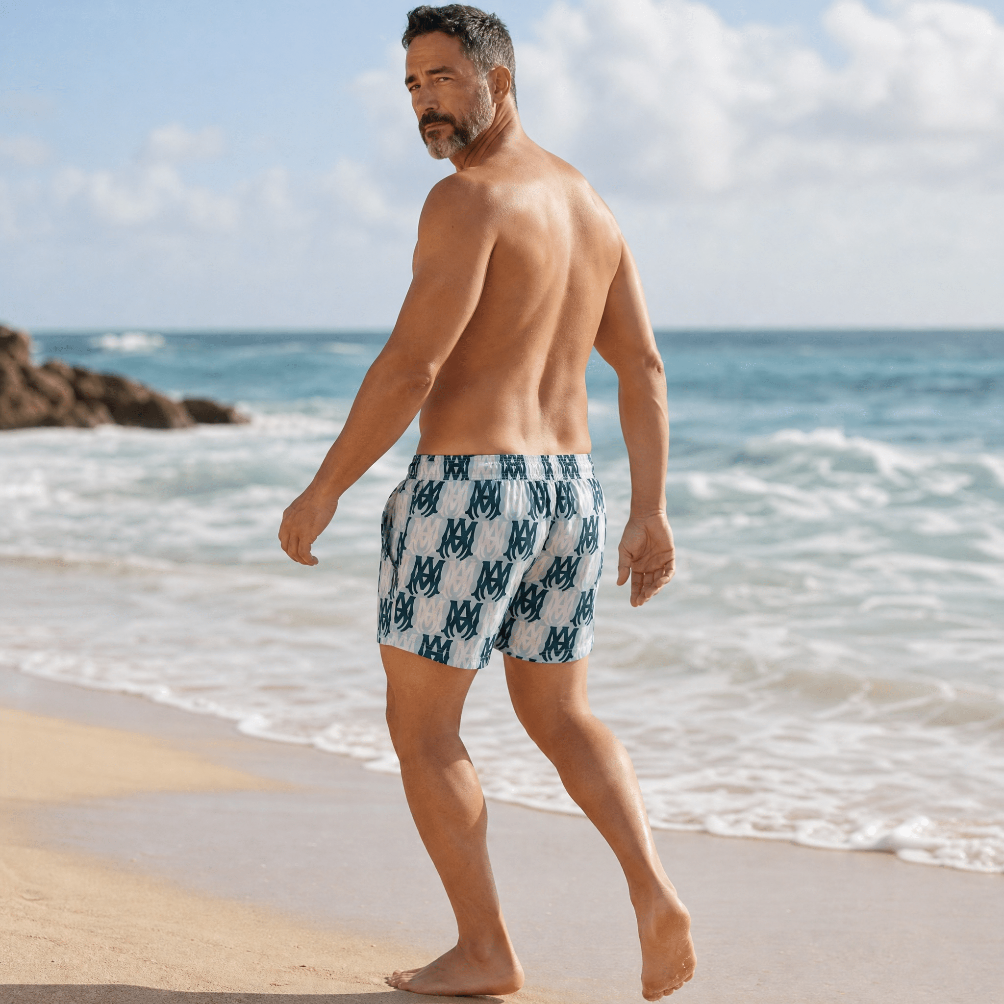 🩳 Amiri Monogram Swim Shorts – Sky Blue Edition 🌊✨ - MASTERPIECE