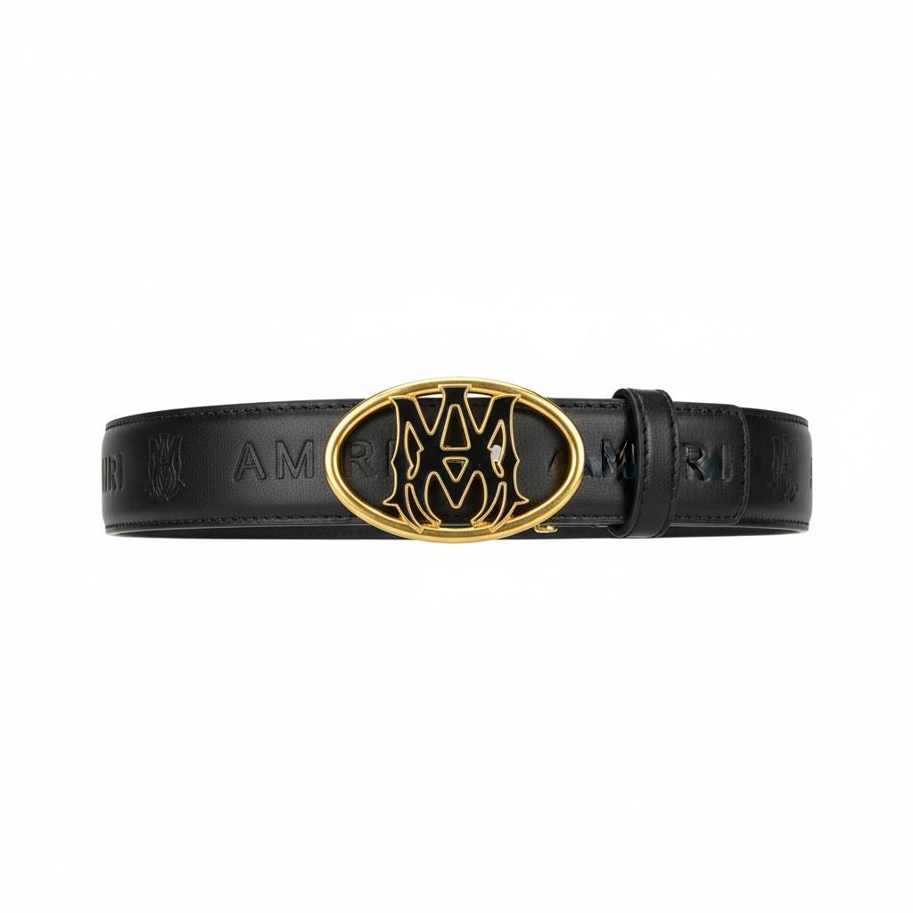 🖤✨ AMIRI Signature Logo Leather Belt – Gold Buckle | 115CM Luxury Statement - MASTERPIECE
