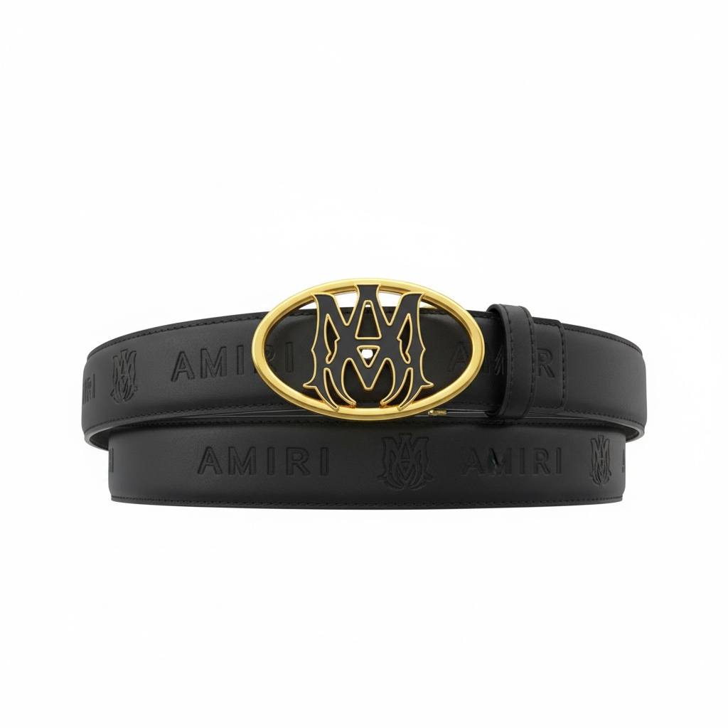 🖤✨ AMIRI Signature Logo Leather Belt – Gold Buckle | 115CM Luxury Statement - MASTERPIECE