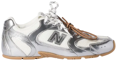 New Balance 328 silver and white trainer with gum sole and mesh upper