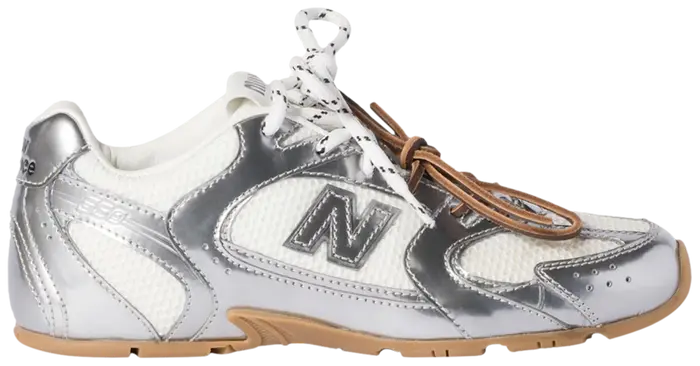 New Balance 328 silver and white trainer with gum sole and mesh upper