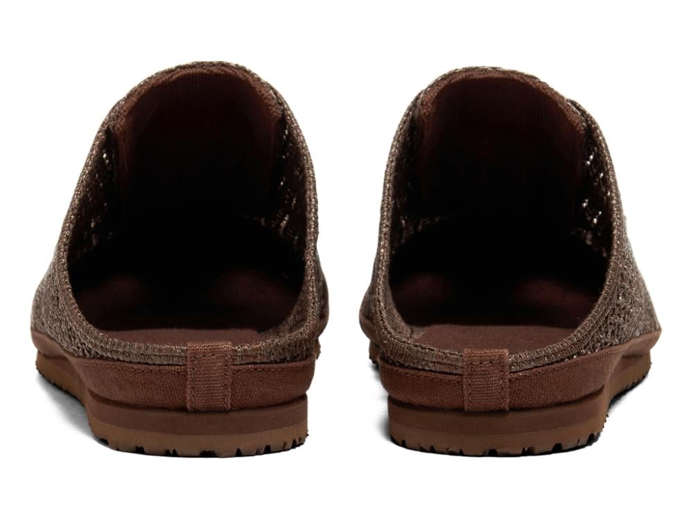 Onitsuka Tiger brown open-knit slip-on mule shoe shown from multiple angles